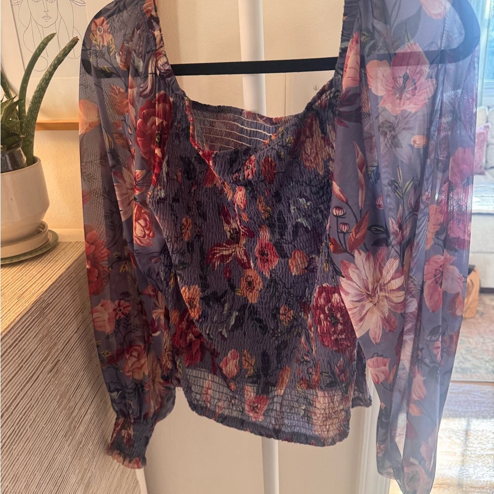 Floral Sheer Sleeve Top - Multicolor